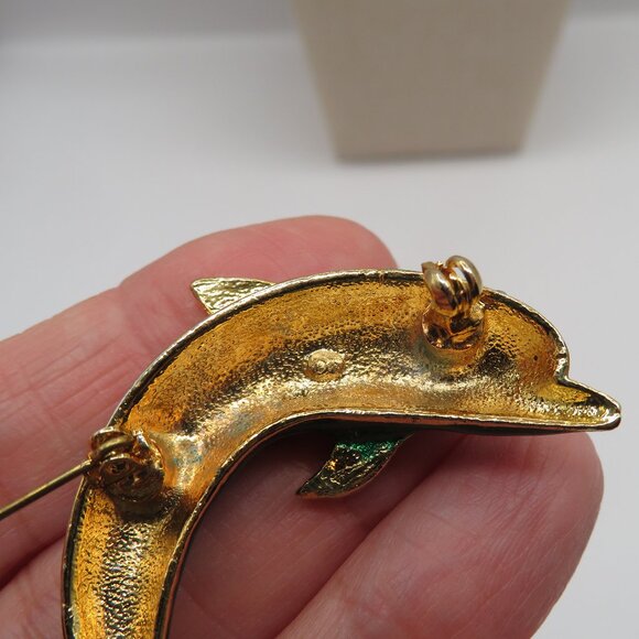 Vintage Dolphin Porpoise Rhinestone Accent Blue Green Enamel Brooch - Picture 5 of 6